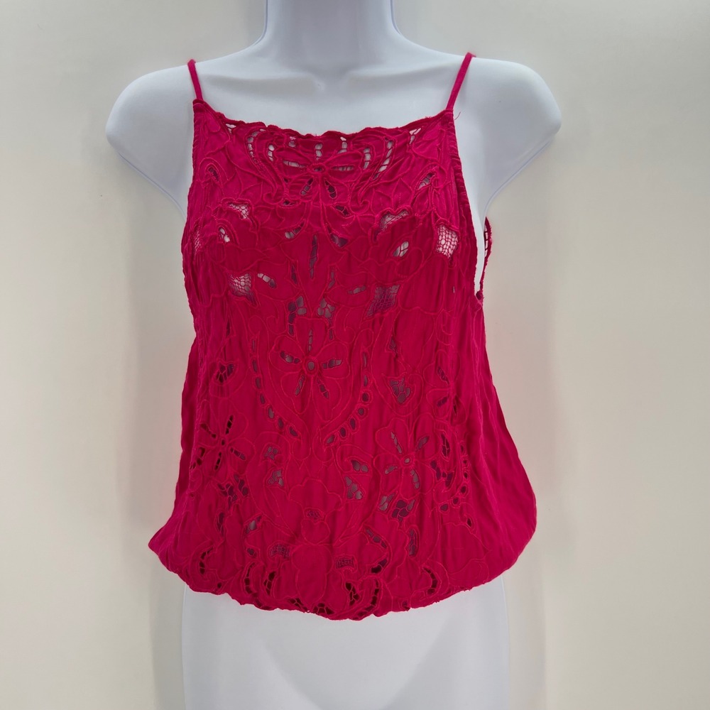 Free People Size Medium Magenta Pink Floral Eyelet Tie Back Camisole Top